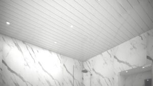 White-Ceiling-with-Double-Chrome-Strip CEILING PANEL 5mm x 200mm x 4m (WHITE GLOSS WITH TWO SILVER STRIPS) (PACK 4)